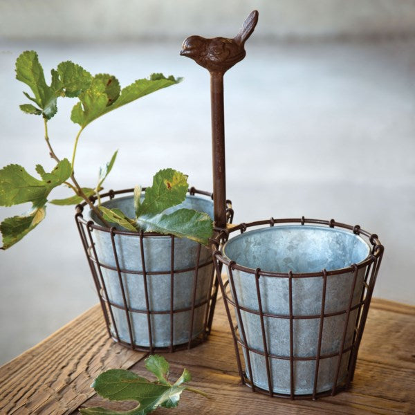 double plant pot holder Double Tin Pot Holder with Bird Detail