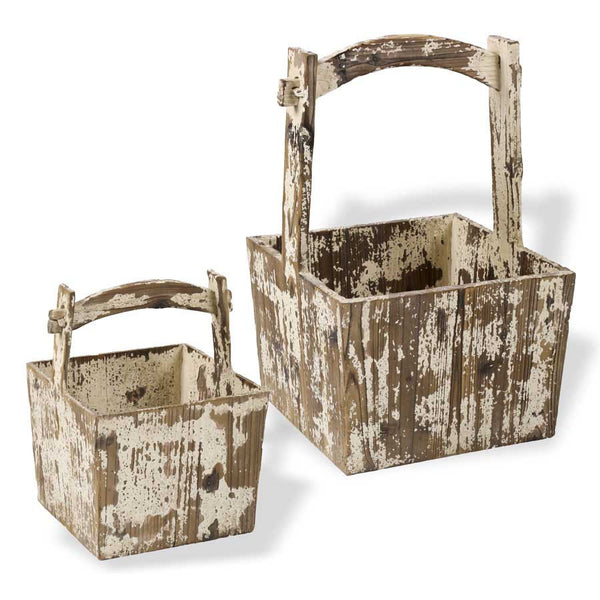 White Distressed Wood Square Boxes w/Wood Handle - E.T. Tobey Company - Baskets