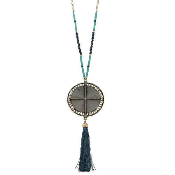 Glass Medallion Tassel Necklace