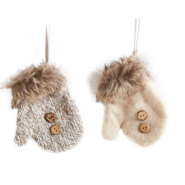 Cream & Tweed Mittens with Fur Ornament - farmhouse christmas ornament