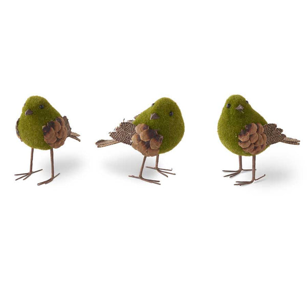 Green Mossy Birds w/Pinecone and Tweed Feathers - farmhouse decor