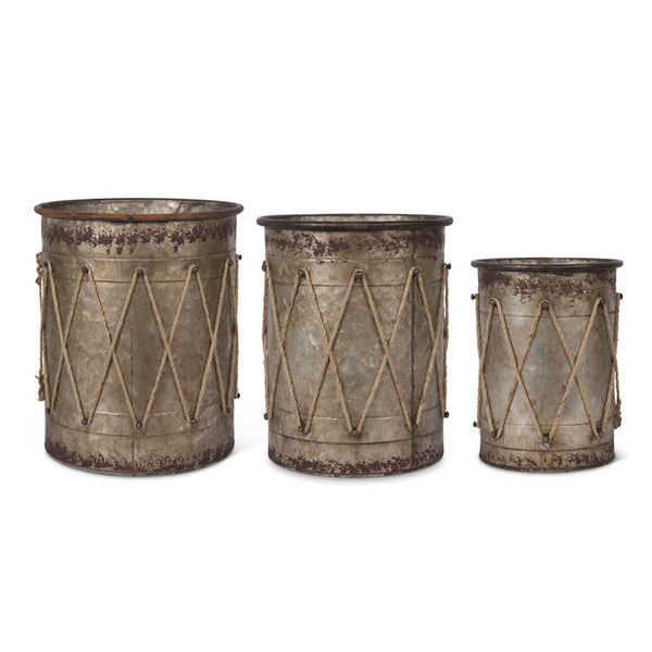 Tin Drum Containers w/Rope Details - E.T. Tobey Co. - Holiday drum decor