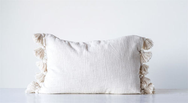Cream Cotton Woven Slub Pillow w/ Tassels