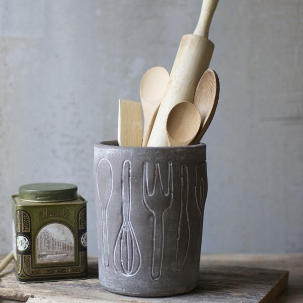 Grey Washed Clay Utensil Holder