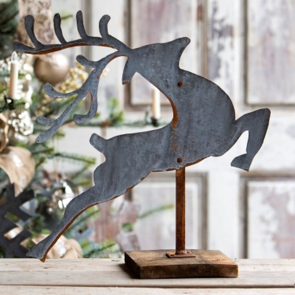 Aged Tin Leaping Reindeer on Wooden Stand - farmhouse christmas decor
