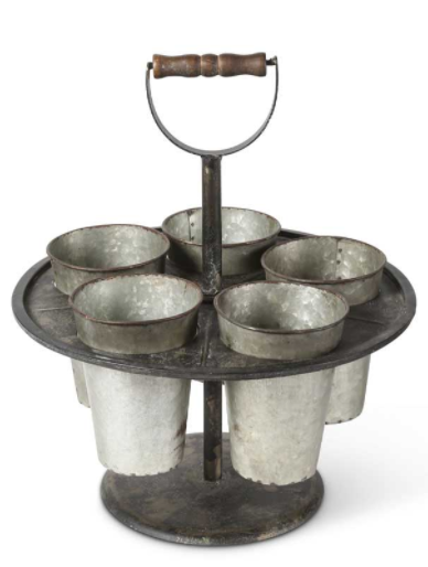Galvanized Tin Spinning Carrier w/Wood Handle and 5 Tin Buckets