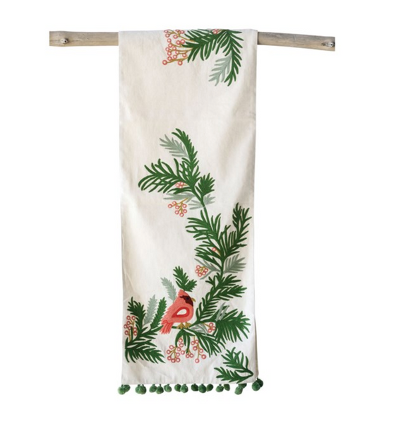 Embroidered Table Runner w/ Pine & Cardinal