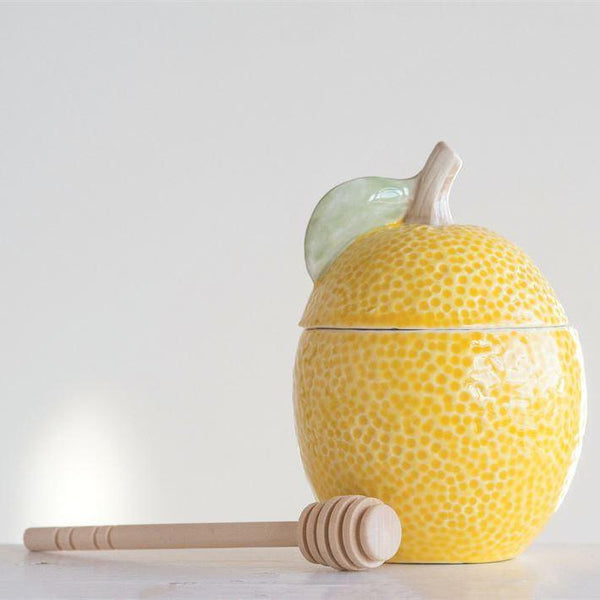 Stoneware Lemon Jar w/ Wood Honey Dipper